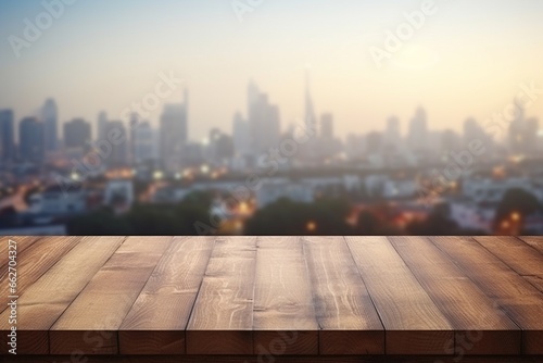 Wood Table Top with City Building Skyline in the Background
