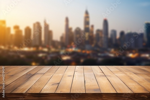 Wood Table Top with City Building Skyline in the Background