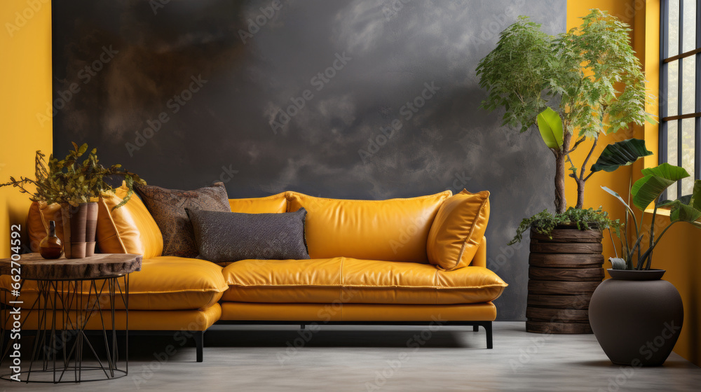 Yellow leather corner sofa against terracotta stucco wall with copy space. Loft style home interior design of modern living room. Yellow leather corner sofa against terracotta stucco wall with copy space. Loft style home interior design of modern living room.