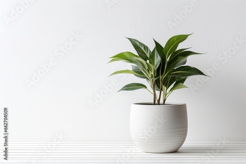 Plant in Pot on White Wooden Table with White Wall Background