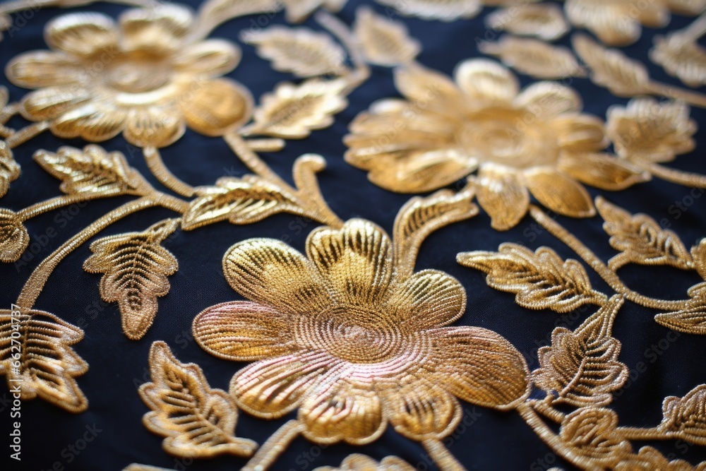 close-up of metallic gold thread embroidery close-up of metallic gold thread embroidery