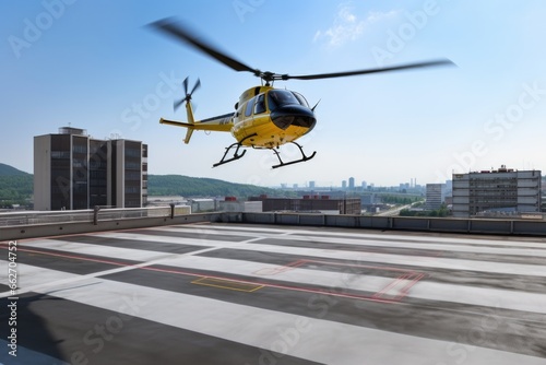 helicopter taking off from a buildings rooftop helipad