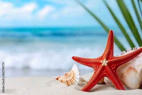 Seashells, Red Starfish, and Palm Leaf on White Sand with Blurred Beach Ocean Sea Background