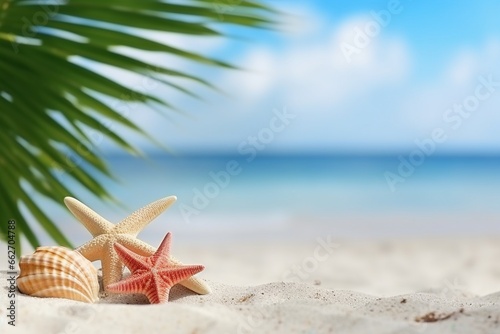 Seashells, Red Starfish, and Palm Leaf on White Sand with Blurred Beach Ocean Sea Background © pierre