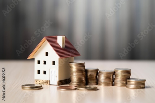 house model sitting next to stack of coins