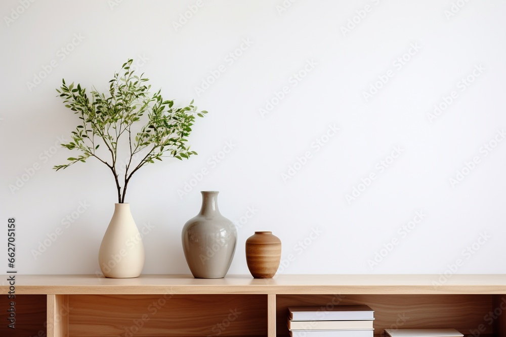 Bookshelf with Vase on Wooden Table and White Wall Bookshelf with Vase on Wooden Table and White Wall