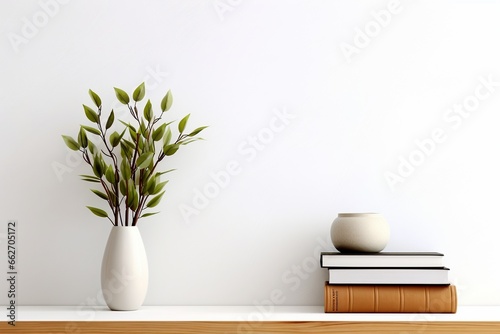 Bookshelf with Vase on Wooden Table and White Wall