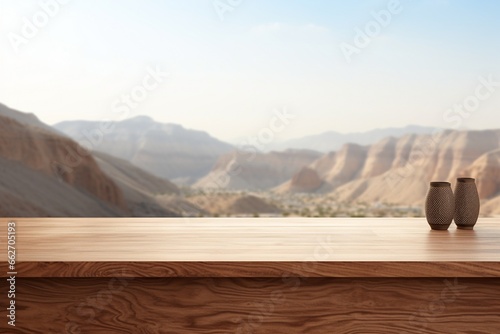 Wooden Table in Front of Window with Scenic Desert Hill View Background