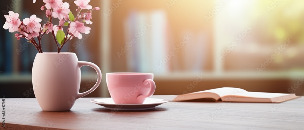 Cozy Wooden Table with Coffee, Book, Pencils, and Vase Cozy Wooden Table with Coffee, Book, Pencils, and Vase