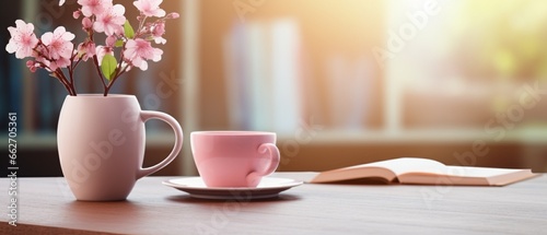 Cozy Wooden Table with Coffee, Book, Pencils, and Vase