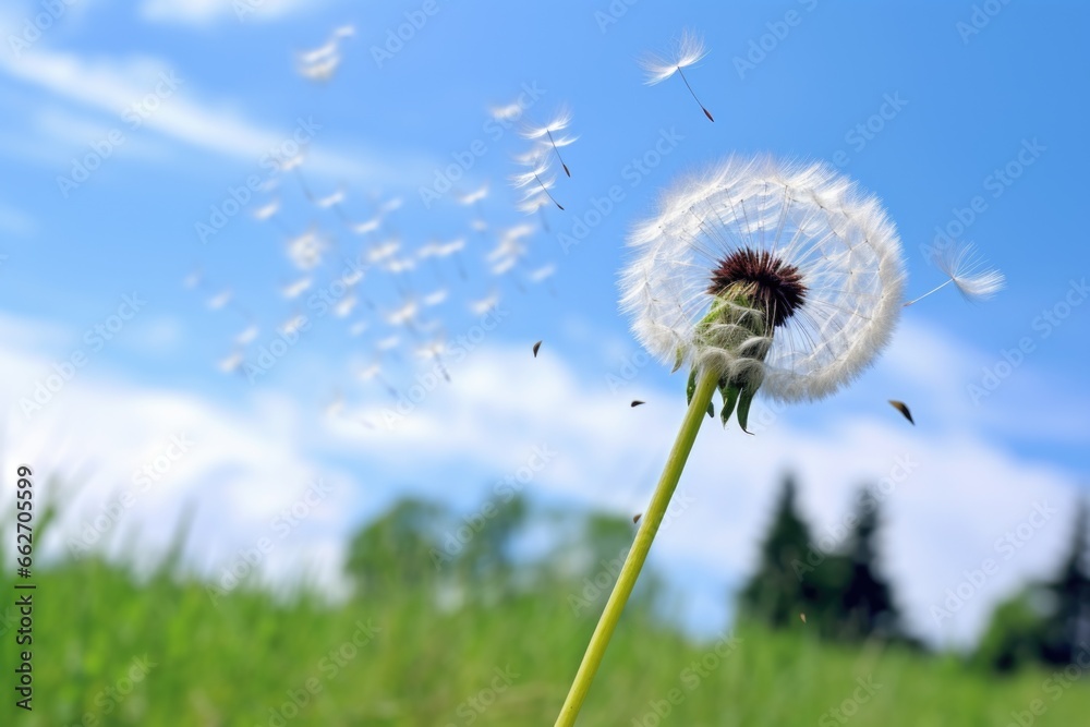 fluffy dandelion dispersing in a gentle breeze