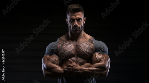 A high-definition photograph showcasing a bodybuilder's dedication and hard work, with the dark solid background serving as a canvas that spotlights their physical prowess and determination