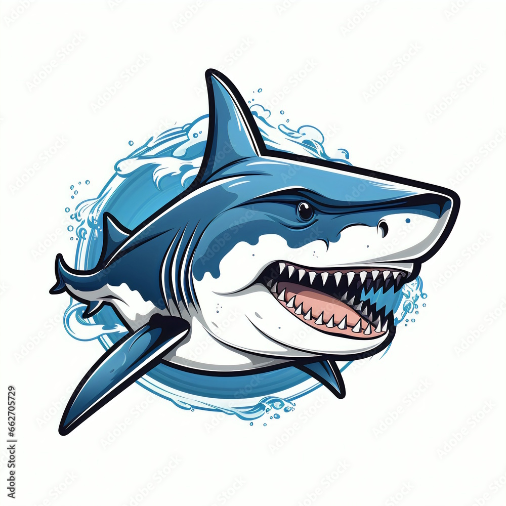 Fototapeta premium Shark Logo with Cartoon Character Isolated on White Background.