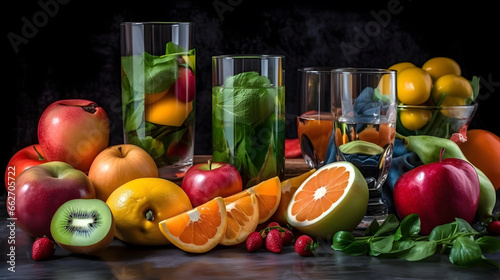 Beautiful Vegan Vegetables And Fruits with Water Glass. Generative AI