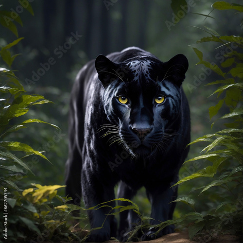 Black panther with impressive look in the forest.