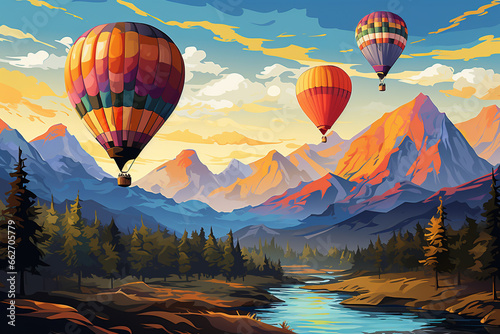 Vivid scene of hot air balloons gracefully drifting through the sky  set against a stunning mountain landscape. Ai generated