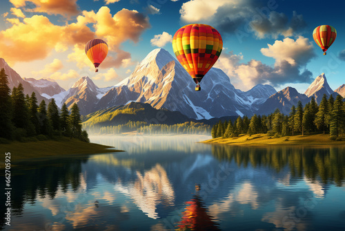 Vivid scene of hot air balloons gracefully drifting through the sky  set against a stunning mountain landscape. Ai generated