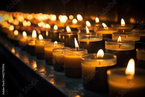 a row of scented candles flickering in a dark room