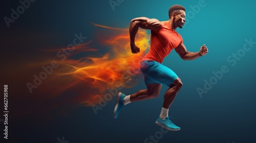A high-definition photograph showcasing the runner's fluid and powerful stride, with a clean and minimalist color background that emphasizes their athleticism and grace