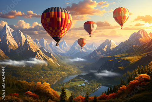 Vivid scene of hot air balloons gracefully drifting through the sky, set against a stunning mountain landscape. Ai generated © twindesigner