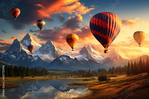 Vivid scene of hot air balloons gracefully drifting through the sky, set against a stunning mountain landscape. Ai generated © twindesigner