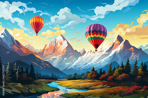 Vivid scene of hot air balloons gracefully drifting through the sky, set against a stunning mountain landscape. Ai generated © twindesigner
