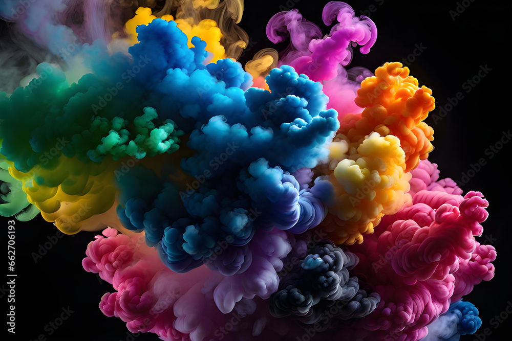 Obraz premium Beautiful rainbow colored smoke on a black background. High Quality. Generative AI