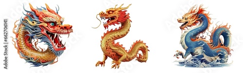 Set of chinese dragon isolated on transparent background. Vector illustration. Generative AI.