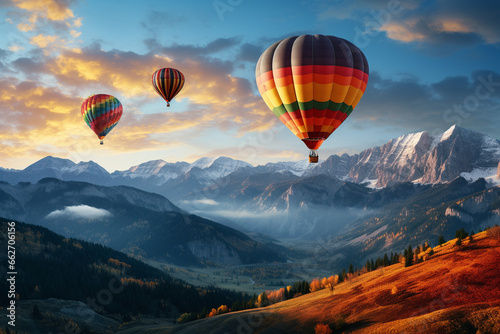 Vivid scene of hot air balloons gracefully drifting through the sky, set against a stunning mountain landscape. Ai generated