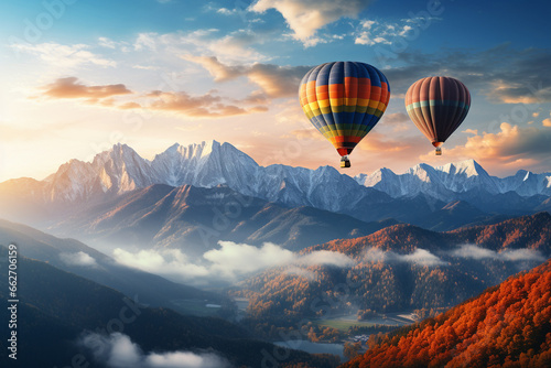 Vivid scene of hot air balloons gracefully drifting through the sky, set against a stunning mountain landscape. Ai generated