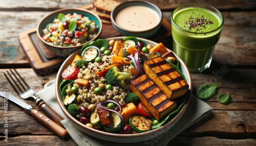 Indulge in a vibrant culinary experience as a mouth-watering platter of colorful vegetables and a refreshing green smoothie are served in a rustic wooden bowl on a beautifully set table, making for t