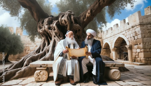 Wallpaper Mural As the sun set behind the rustling trees, two men sat on a stone bench, their colorful clothing contrasting against the serene sky, as they pored over a mysterious scroll, while a lone woman walked b Torontodigital.ca