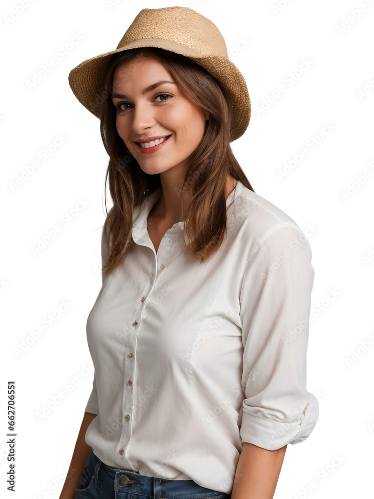 A happy female farmer, isolated, transparent background, no background. PNG. A happy female farmer, isolated, transparent background, no background. PNG.