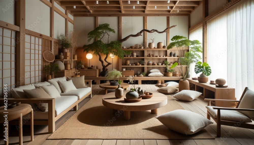 A cozy indoor den, adorned with a lush houseplant and a shoji screen window, is filled with furniture including a couch, loveseat, and armrest, all centered around a table adorned with a vase of flow