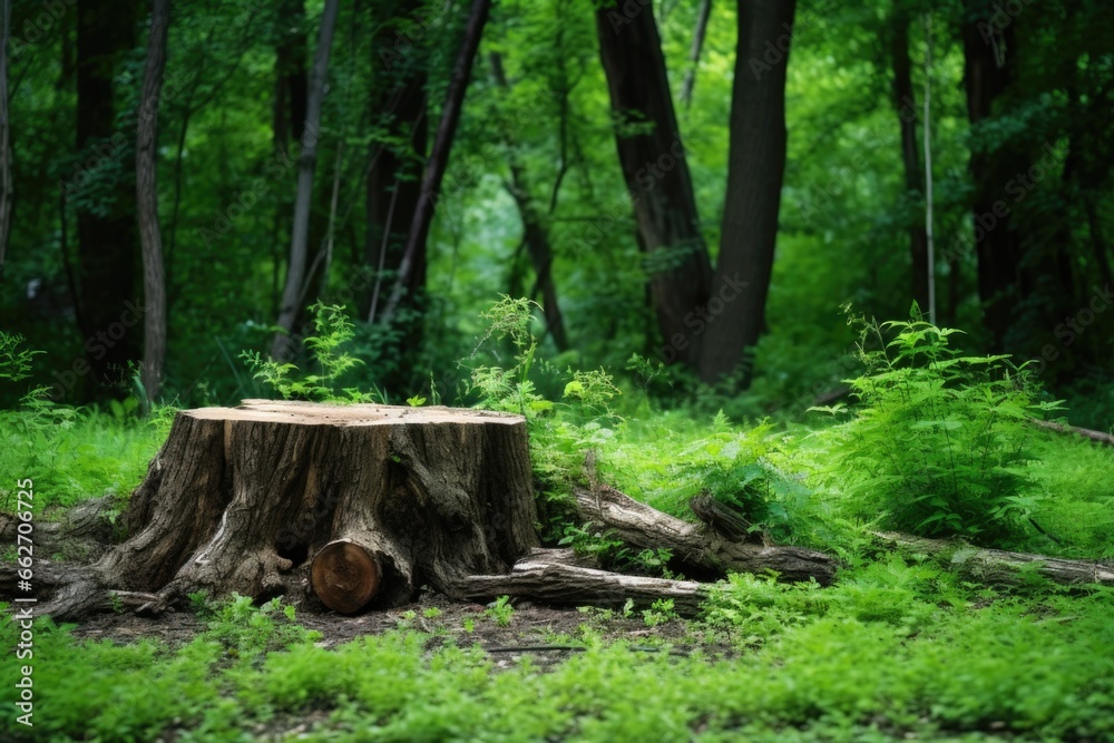 lush green tree surrounded by cut tree stumps lush green tree surrounded by cut tree stumps