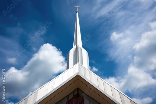the steeple of a modern style church