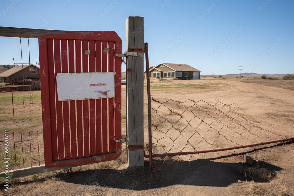 eviction notice flapping on a gate of an empty ranch - obrazy, fototapety, plakaty 