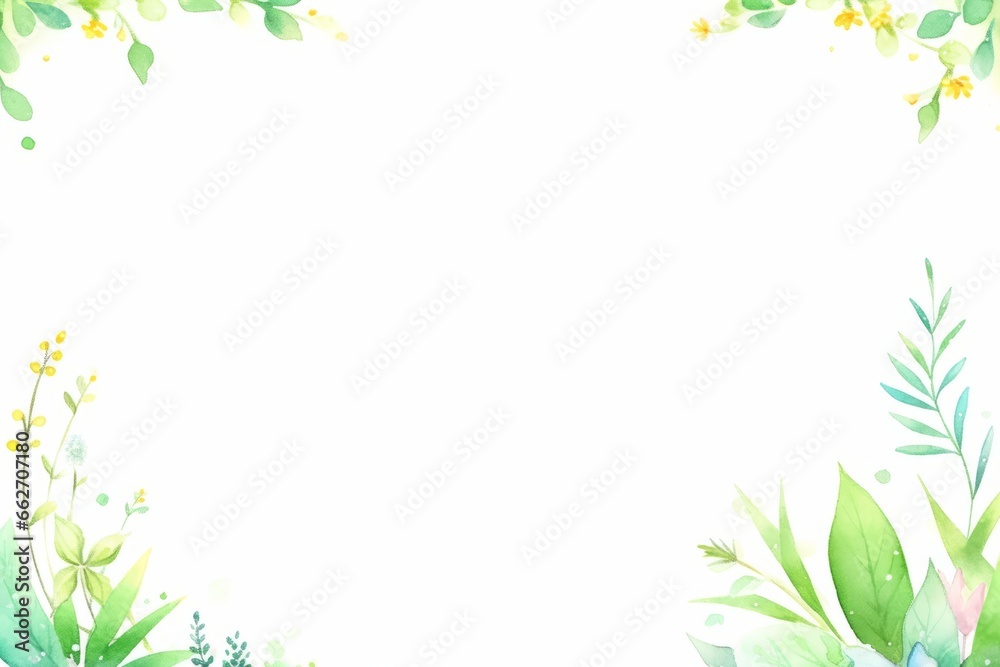 Watercolor hand painted green floral banner or frame, background illustration.
