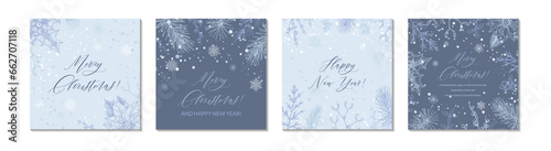 Set of Merry Christmas and Happy New year blue square greeting cards. Social media post template. Hand drawn sinter festive background with sketch botany elements. Engraving vector illustration