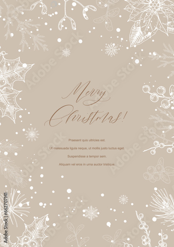 Merry Christmas and Happy New year greeting card. Hand drawn sketch winter postcard. Trendy holiday festive design background for invitations, certificate, social media templates