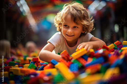 Joyous moment of a kid engrossed in play, creating a world of wonder with vibrant and colorful pieces. Ai generated