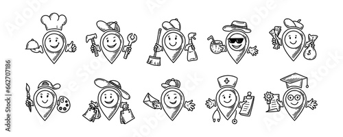 Cute location pin emoji. Set of doodle sketch pinpoints. Restaurant, school, service, cleaning, beach, bank, store, delivery, doctor, art shop map address comic emoticons