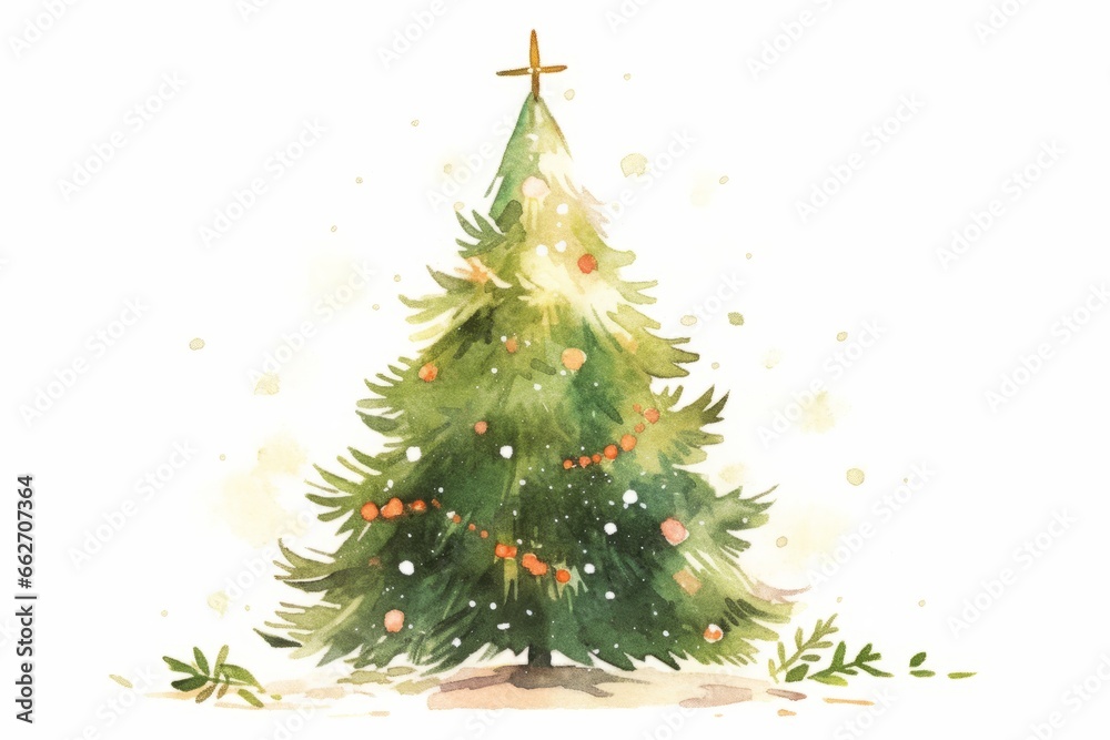 Decorated Christmas tree hand painted watercolor illustration.