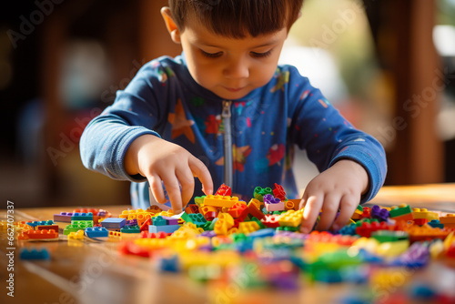 Joyous moment of a kid engrossed in play  creating a world of wonder with vibrant and colorful lego pieces. Ai generated