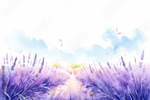 Lavender field hand painted watercolor illustration.