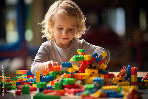Joyous moment of a kid engrossed in play, creating a world of wonder with vibrant and colorful lego pieces. Ai generated photo
