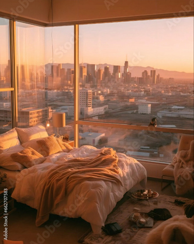 a white bed in a room overlooking skyscrapers and the city below  in the style of snapshot aesthetic  pink and amber  romantic academia  relatable personality  new york school  beige and amber