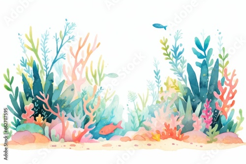 Seaweed on a seabed landscape hand painted watercolor illustration.