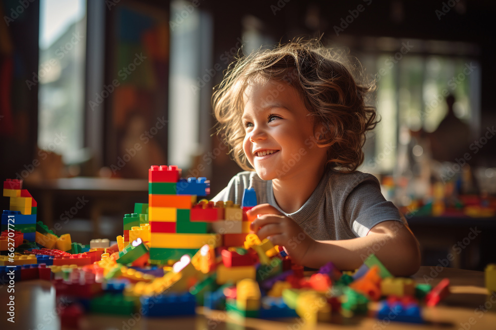 Joyous moment of a kid engrossed in play, creating a world of wonder with vibrant and colorful lego pieces. Ai generated - obrazy, fototapety, plakaty 
