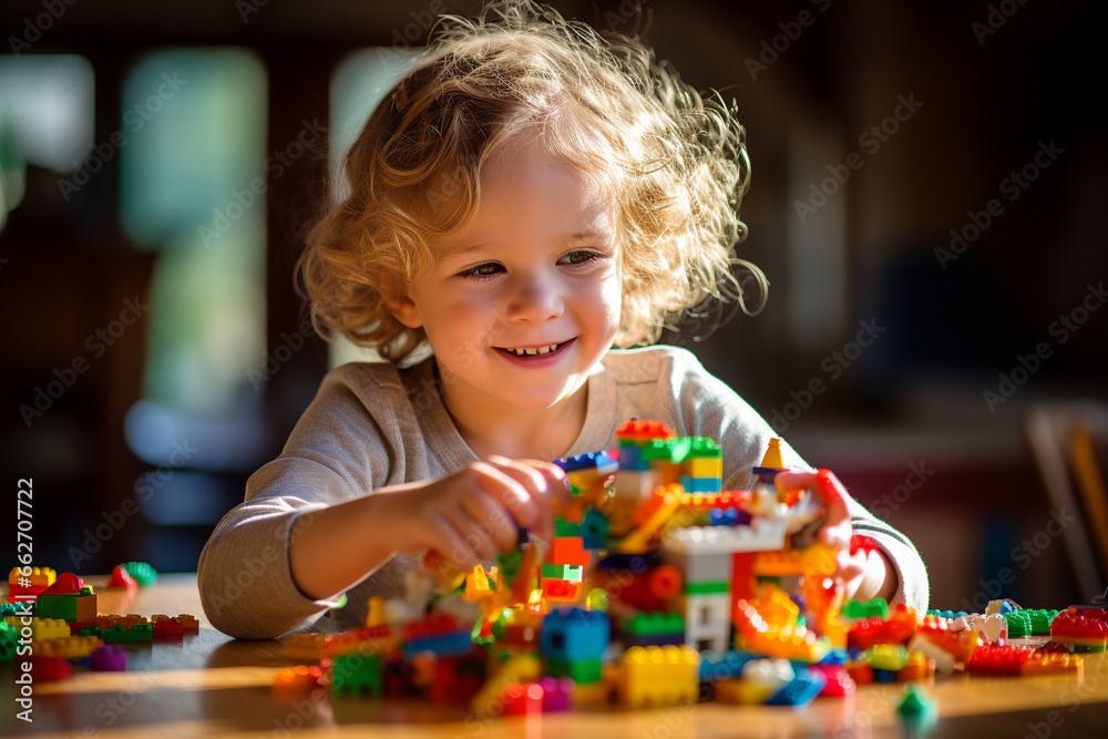 Joyous moment of a kid engrossed in play, creating a world of wonder with vibrant and colorful lego pieces. Ai generated